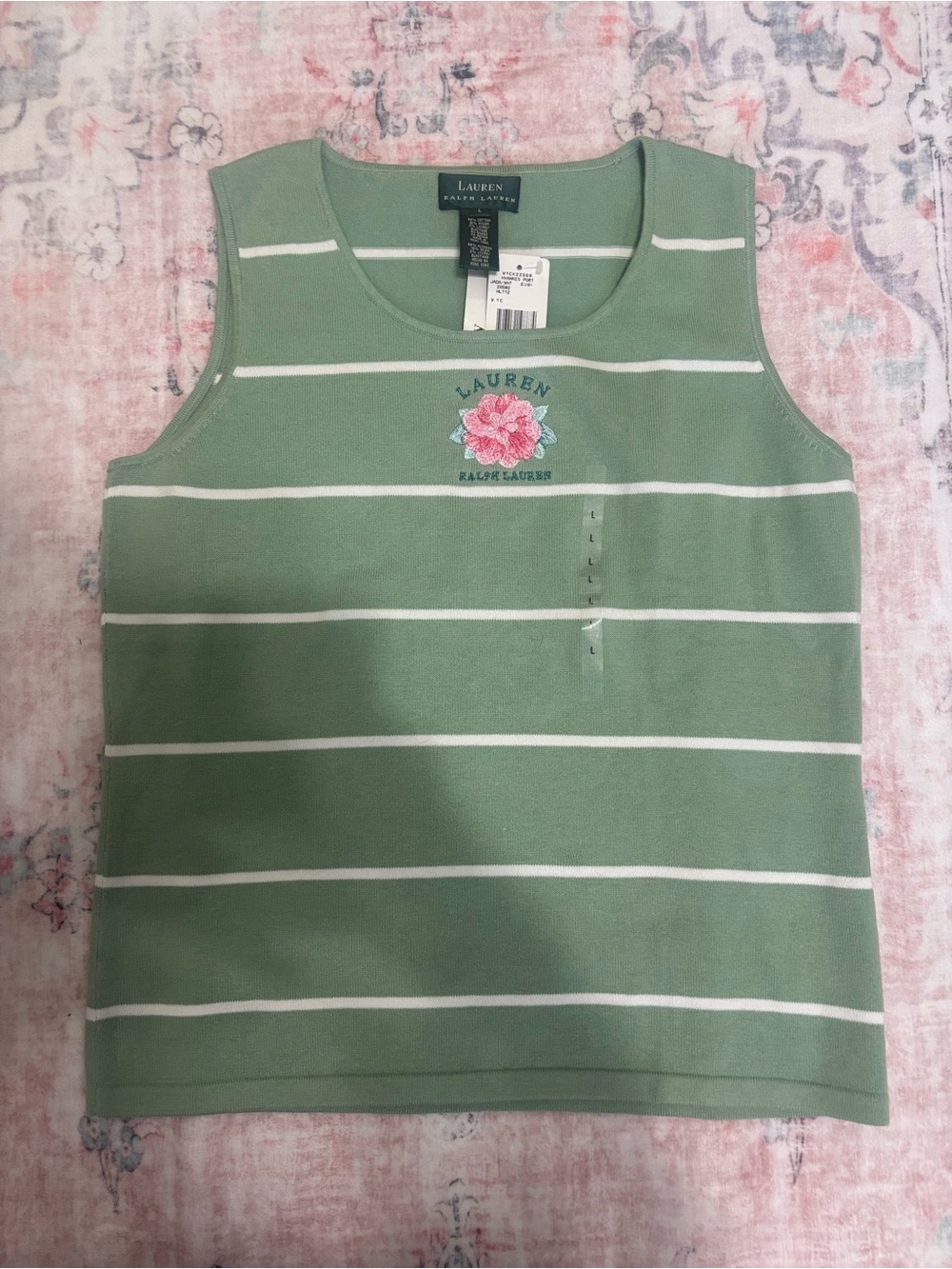 Ralph Lauren Green Striped Tank with Pink Floral Embroidery